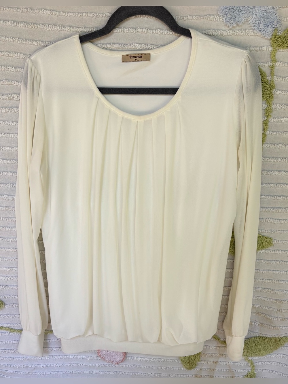Timeson Long Sleeve Scoop Neck Pleated Front Blouse Ivory Mesh Sz M Coquette NEW